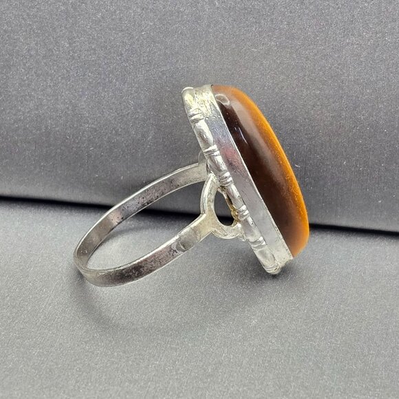 VTG 10k GF Sterling Silver Tigers Eye Ring Size 7.5 Split Shank Signed OR - Picture 5 of 13
